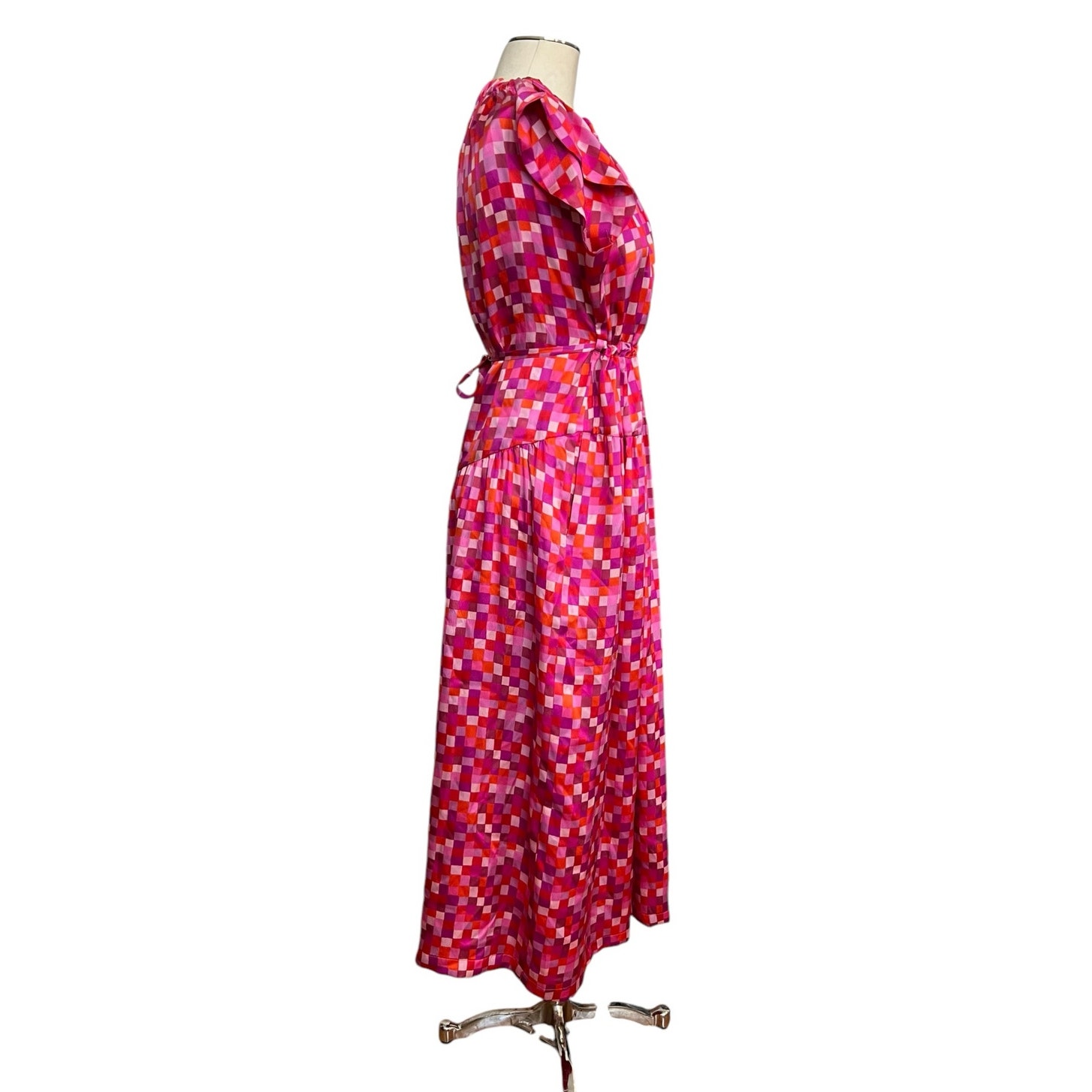 Dovima Paris Pink Checkered 100% Silk Ruffle Sleeve Tie Waist Maxi Dress L — image 4 of 7
